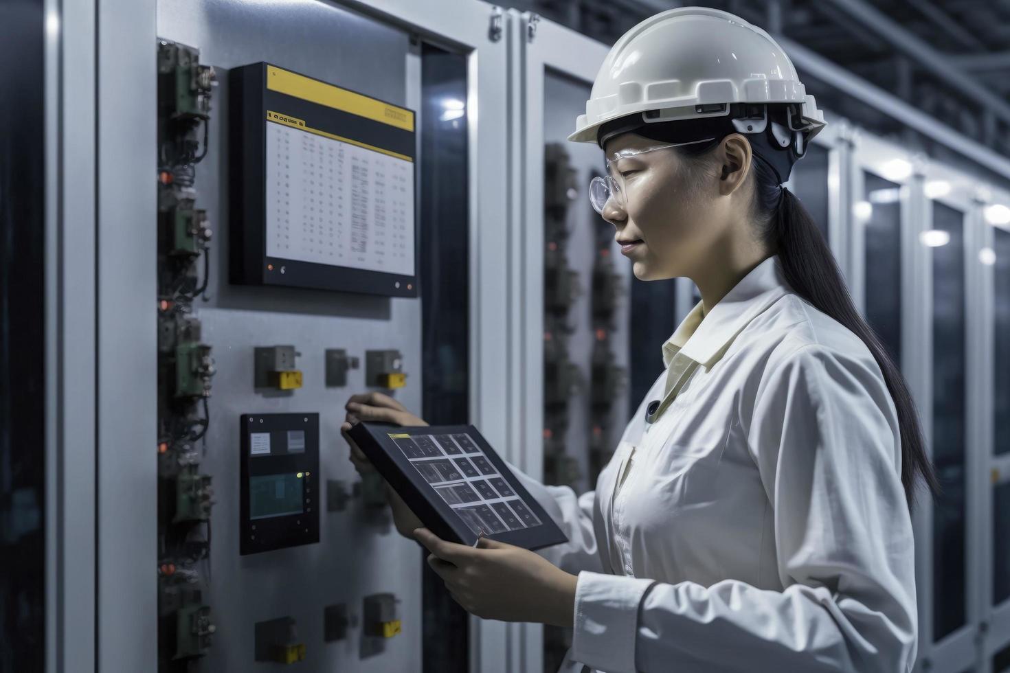 femme électrique ingénieur travail de face HVAC contrôle panneaux, technicien du quotidien vérifier solaire cellule contrôles système pour Sécurité les fonctions dans un service pièce à usine.énergie,ventilation,air conditionnement. photo