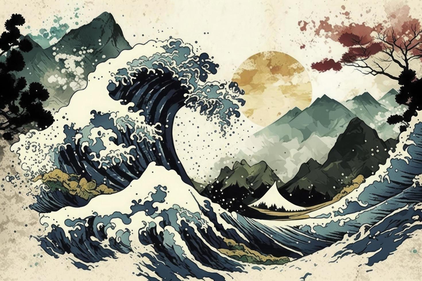 rugueux vagues marine aquarelle style Japonais arrière-plan, Japonais La peinture photo