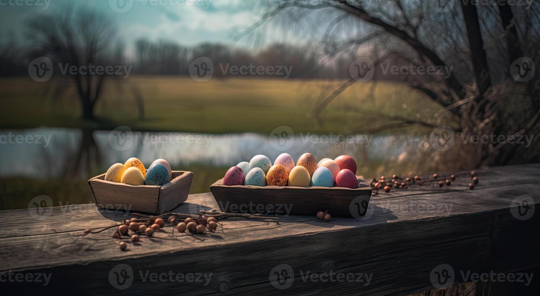 rangée de coloré Pâques des œufs sur en bois table et bokeh arrière-plan, endroit pour typographie et logo. rustique en bois tableau. Pâques thème. génératif ai. photo