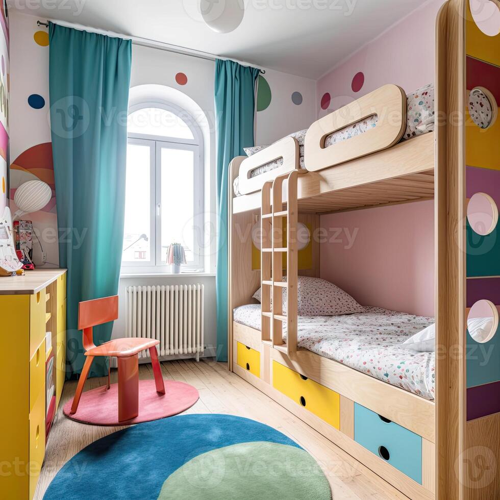 les enfants pièce intérieur avec confortable lit. génératif ai. photo