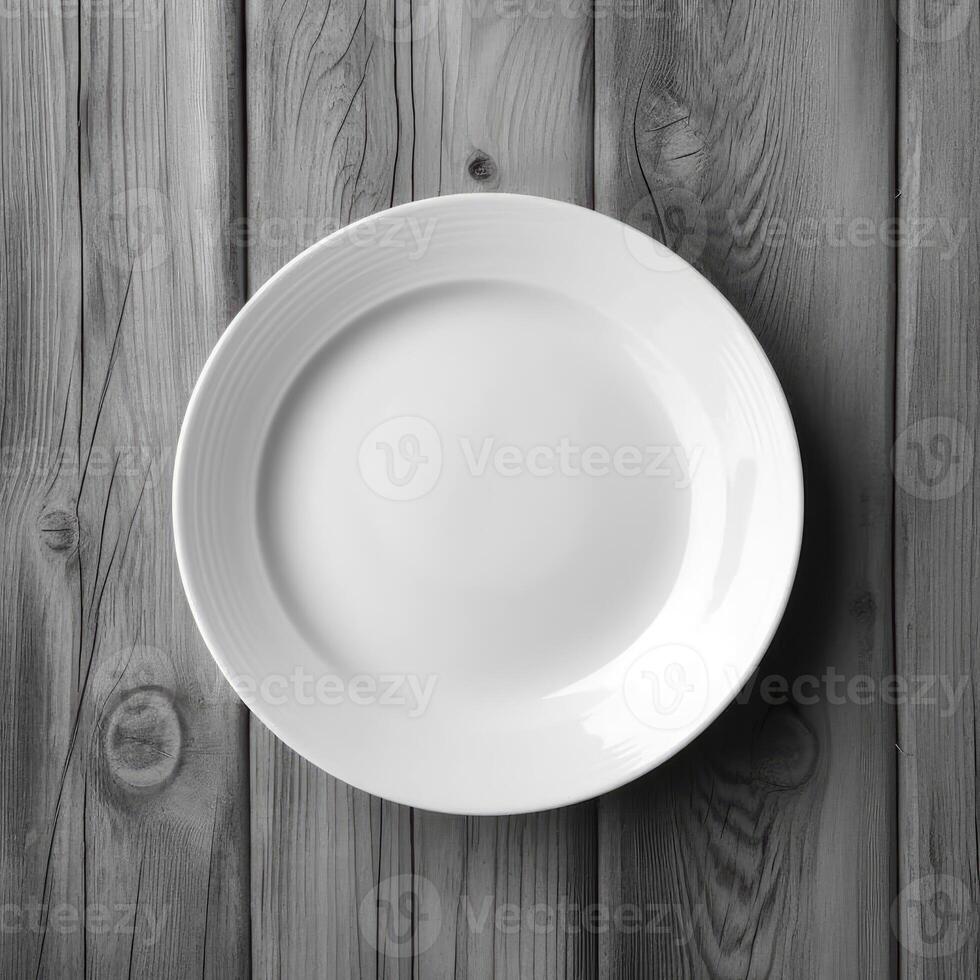 un vide assiette sur une blanc en bois tableau. Haut vue de blanc céramique assiette sur blanc en bois. génératif ai. photo