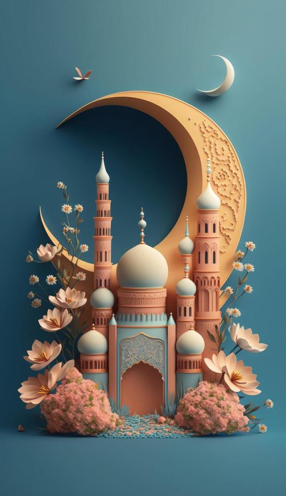 mosquée et lune avec fleurs, pastel couleurs, sur bleu Contexte. 3d rendre et illustration, , produire ai photo