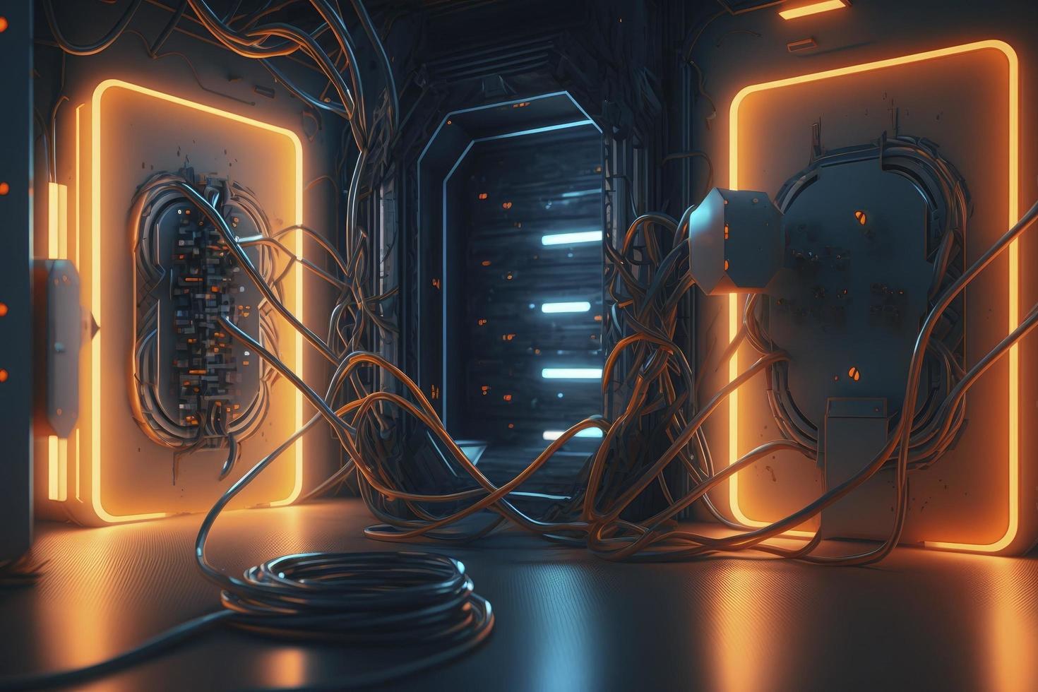 futuriste 3d rendre maquette. espace thème illustration. cyber plates-formes et câbles avec embrasé néon lumières, produire ai photo