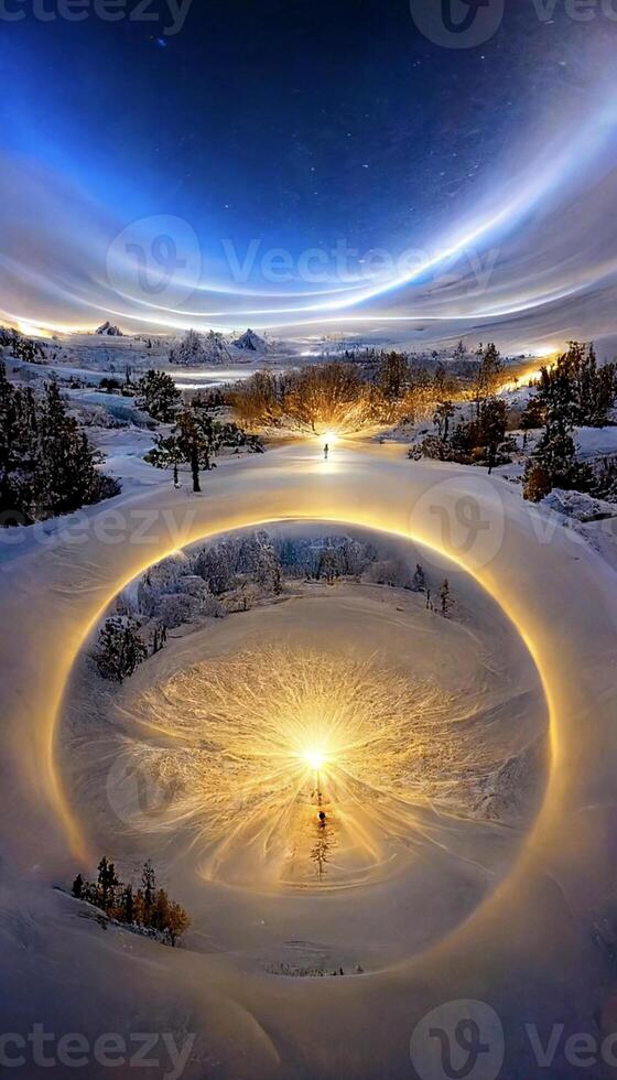 cercle de lumière dans le milieu de une neige couvert champ. génératif ai. photo
