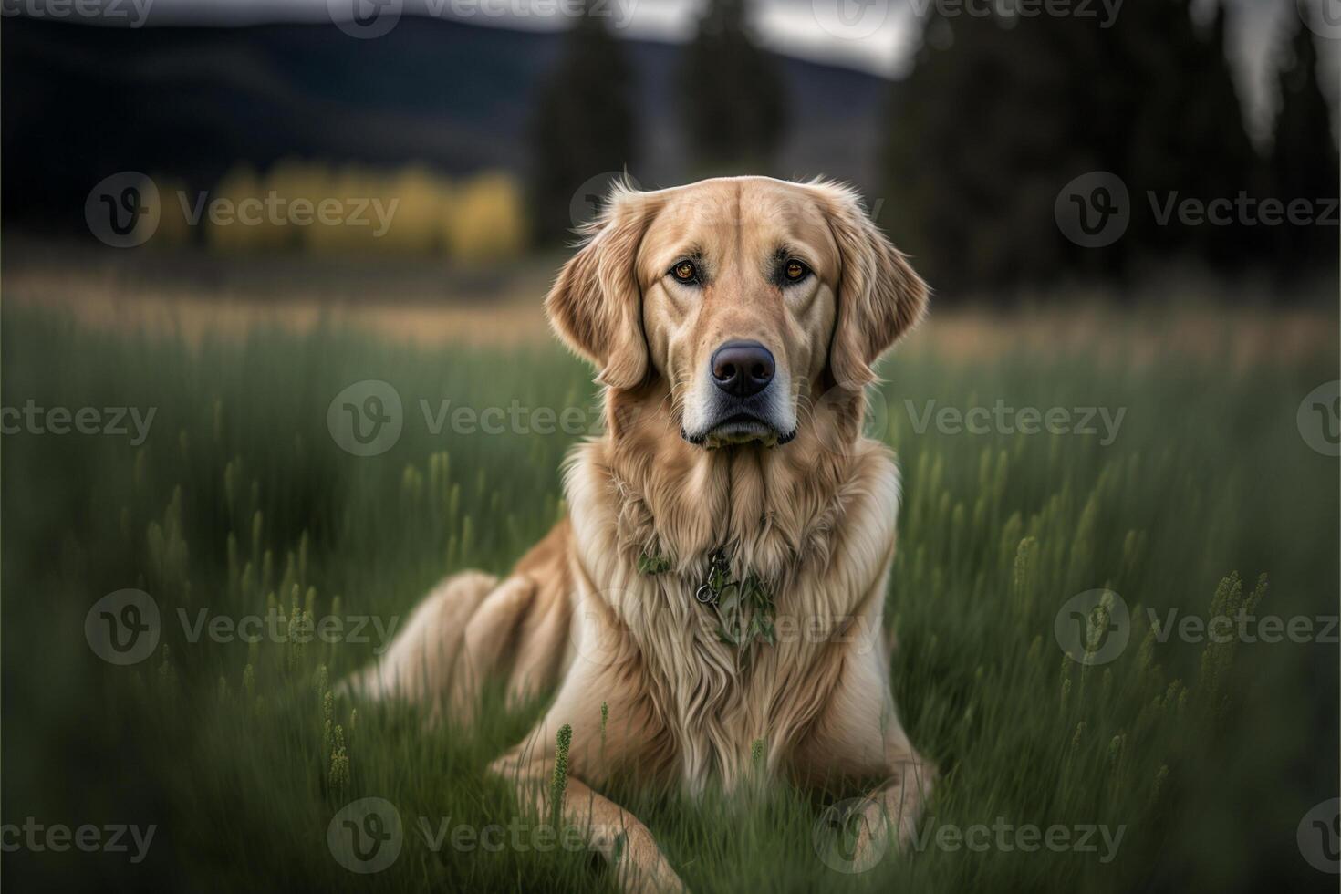 grand marron chien pose sur Haut de une luxuriant vert champ. génératif ai. photo