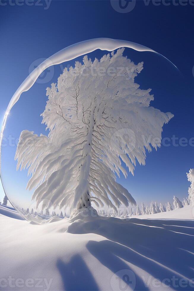 neige couvert arbre dans le milieu de une neigeux champ. génératif ai. photo