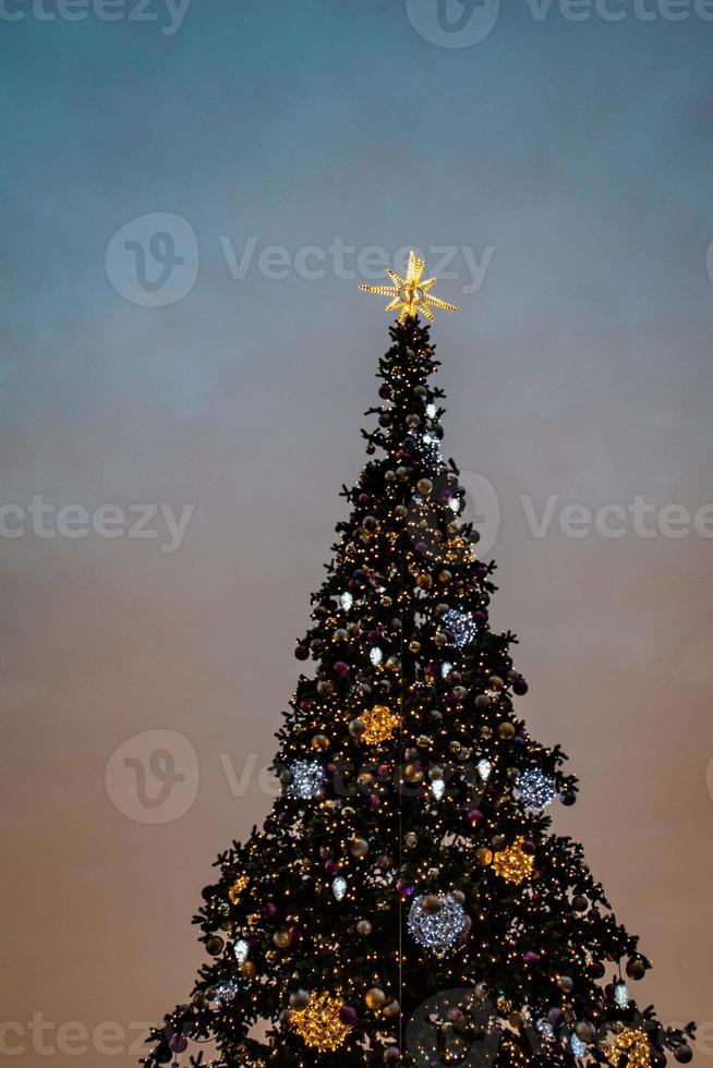 coloré Noël arbre chatoyant contre le Contexte de le soir pastel ciel photo
