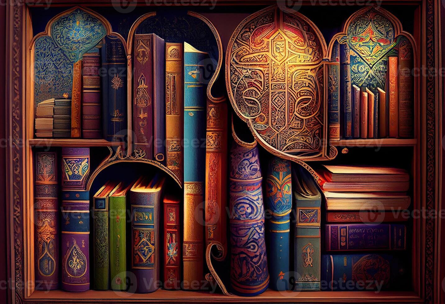 génératif ai illustration de islamique bibliothèque livres, fond d'écran, brillant, attractif, l'amour pour livres photo
