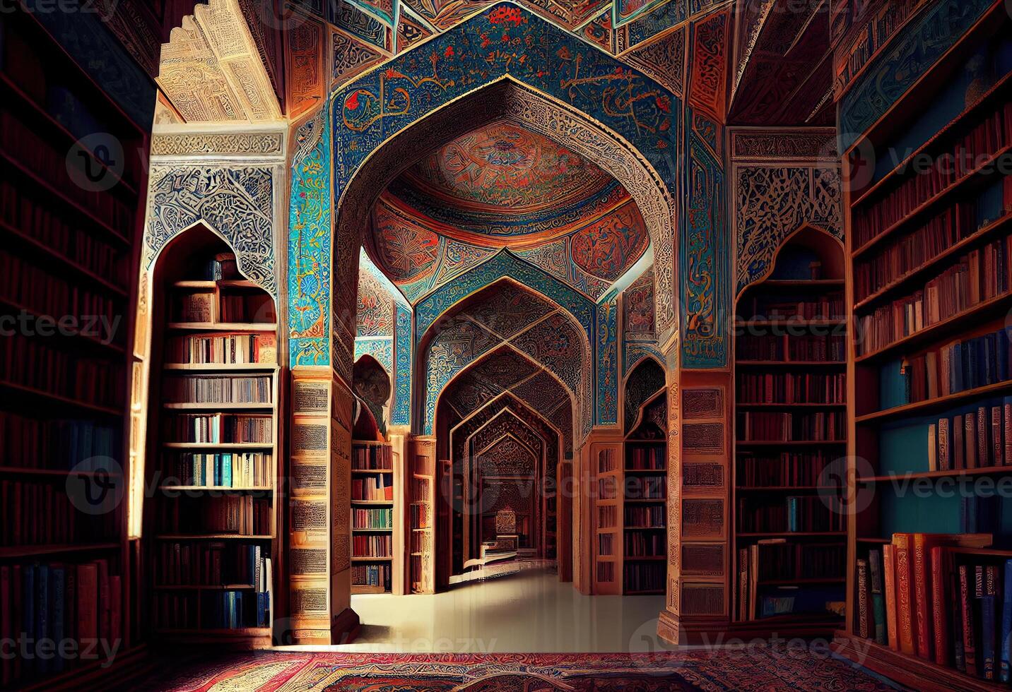 génératif ai illustration de islamique bibliothèque livres, fond d'écran, brillant, attractif, l'amour pour livres photo