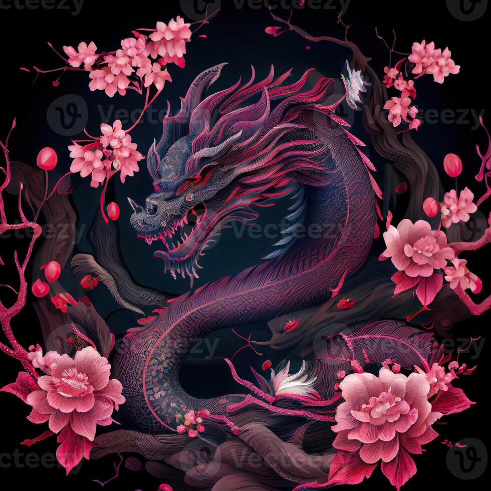 génératif ai illustration de chinois dragon, astral arrière-plan, chinois zodiaque arrière-plan, Cerise fleurir, fleurs, chinois Nouveau an. photo