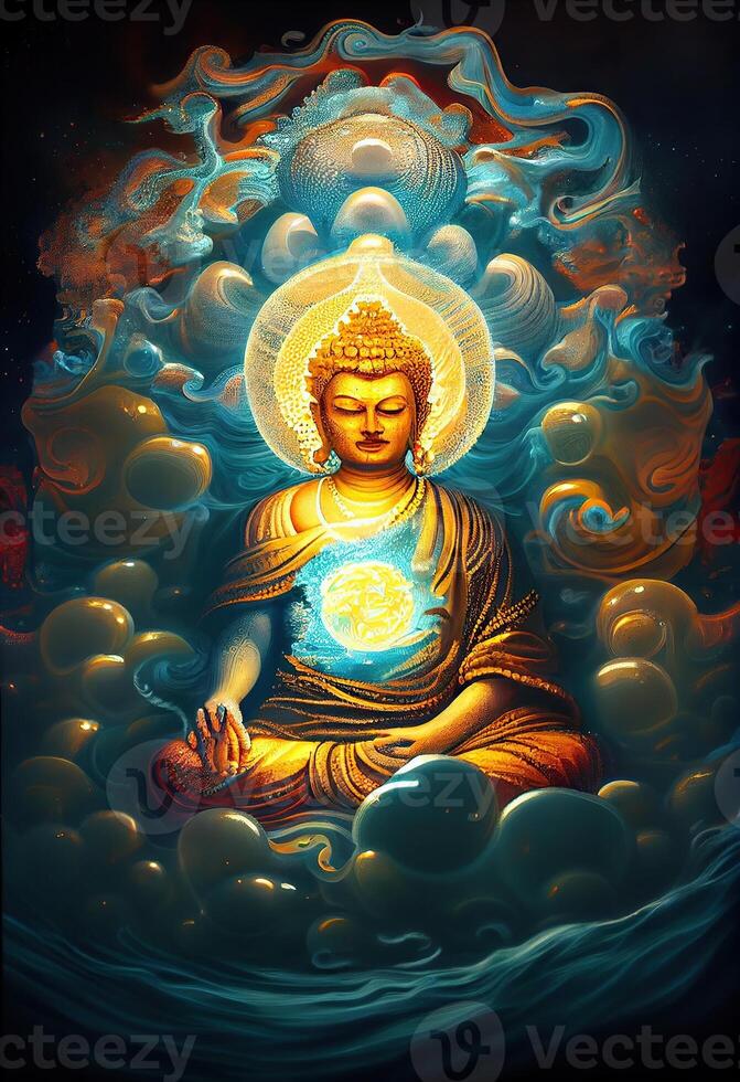 génératif ai illustration de Bouddha, aura de énergie, surréaliste fantaisie, lumière clignotant, magnifique lumière spectre, brillant blanc lotus fleur, brûlant semblable à un nuage pétales, eau de mer. photo
