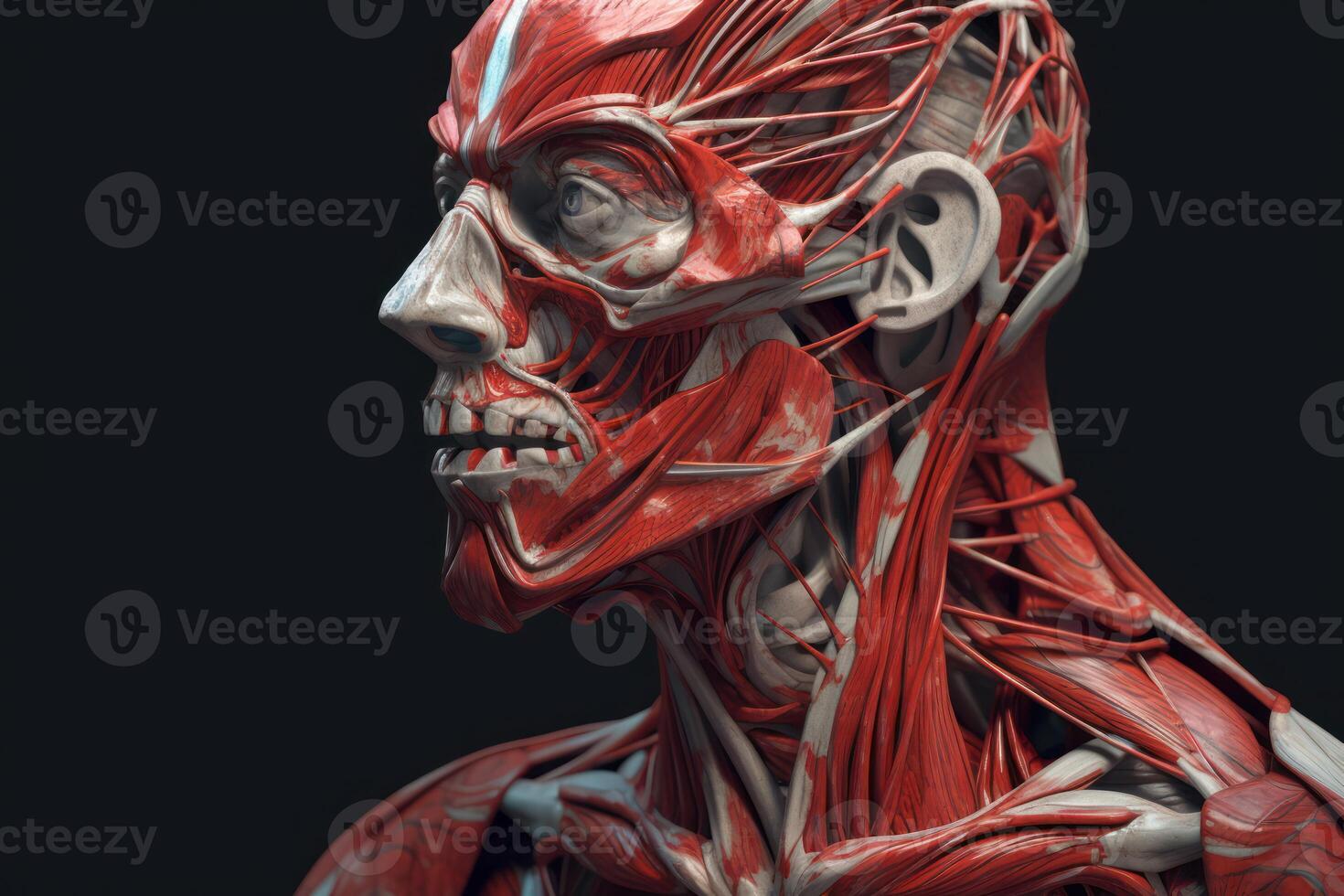 Humain anatomie mettant en valeur Masculin muscles avec nerfs, isolé sur noir arrière-plan, génératif ai. photo