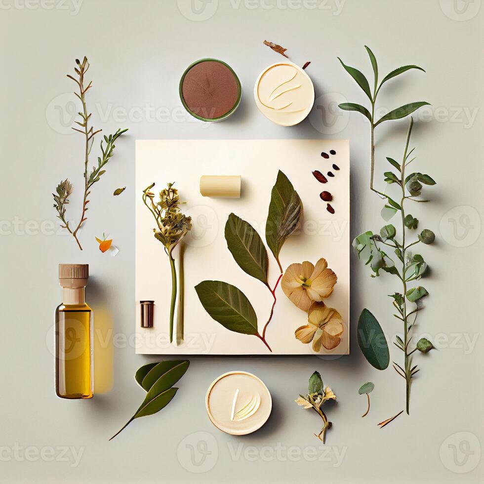 moquer en haut avec bleu produits de beauté distributeurs et crème pot avec du quotidien branches, mousse et feuilles. biologique traitement concept génératif ai photo