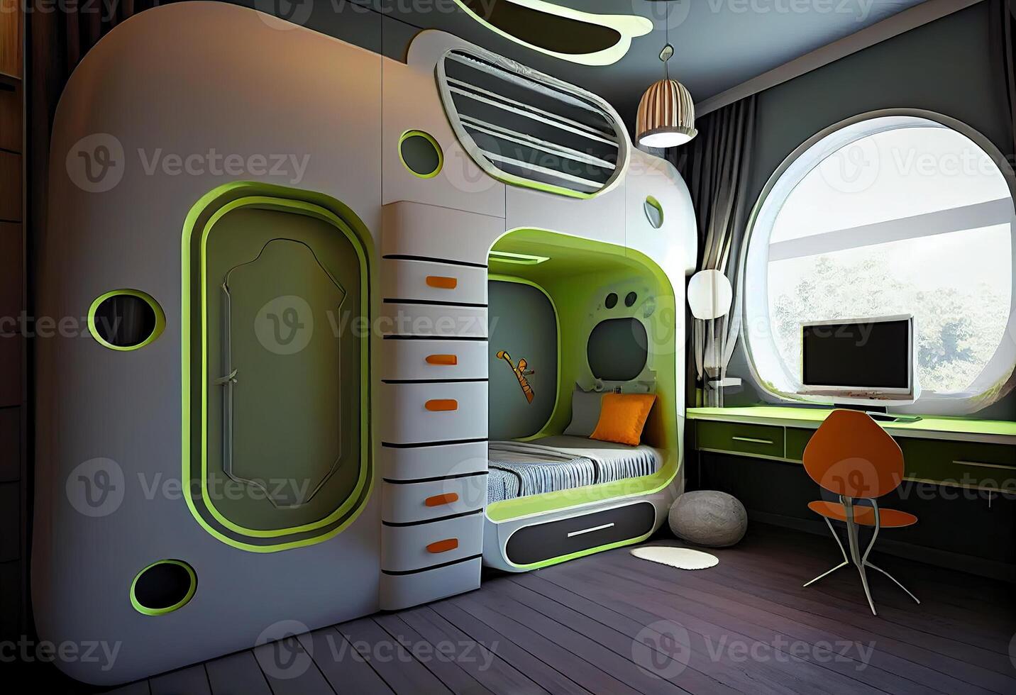 génératif ai illustration de futuriste intérieur conception, conception une chambre pour deux enfants, avec une couchette lit. photo