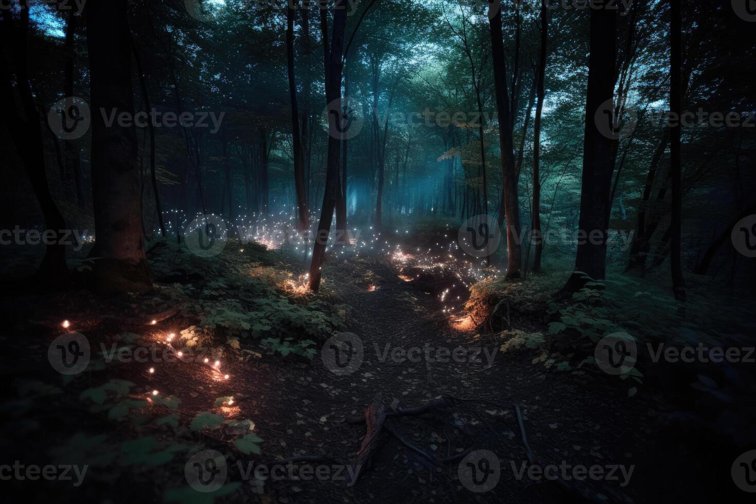 fantaisie magique forêt avec embrasé lumières. génératif ai photo