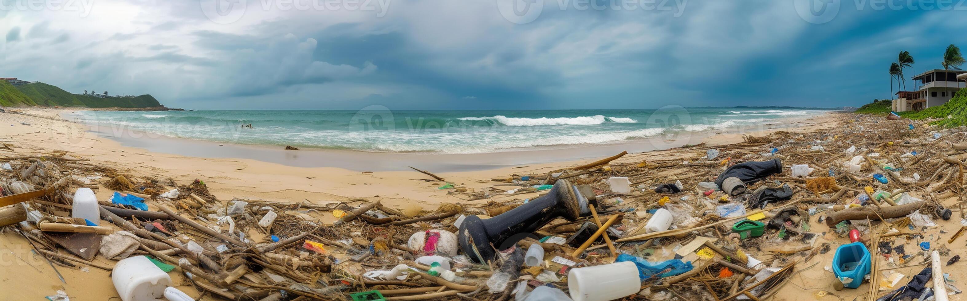 des ordures jeté par le orage sur le plage. des ordures le long de le rivage. environnement pollution. génératif ai photo