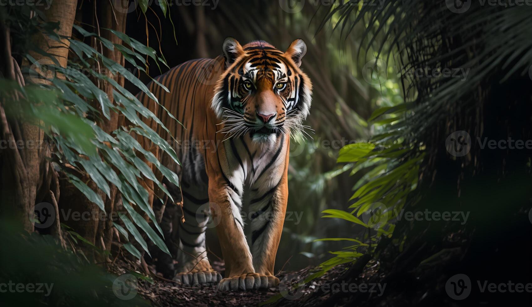 sumatran tigre à la recherche à le caméra, tigre en marchant dans tropical forêt préservation .génératif ai photo