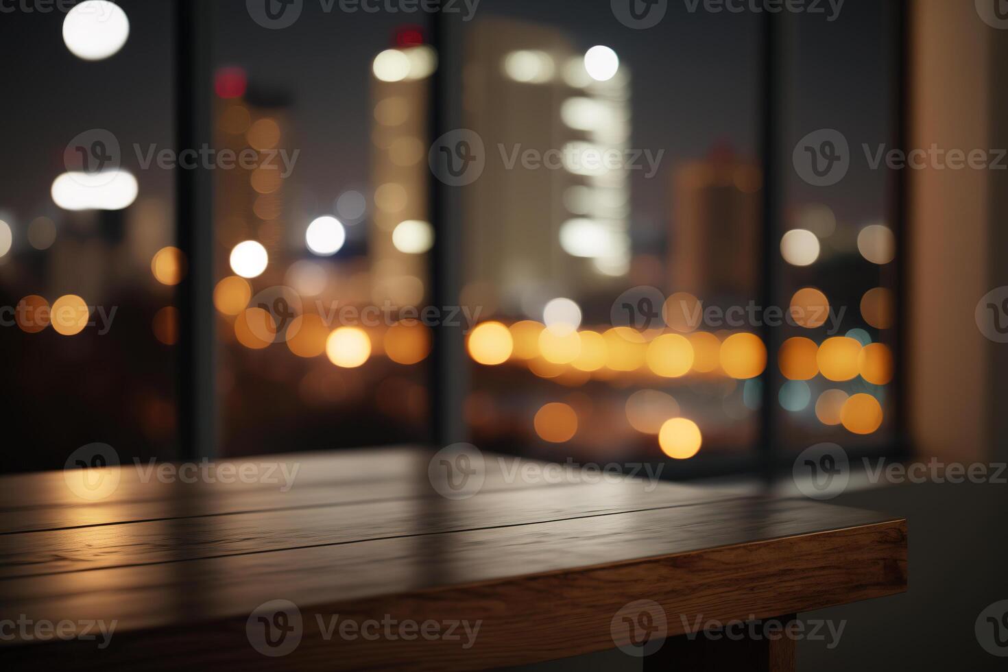 bois table Haut sur brouiller verre fenêtre mur bâtiment Contexte. ai généré photo