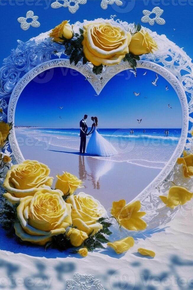 image de une la mariée et jeune marié sur le plage. génératif ai. photo