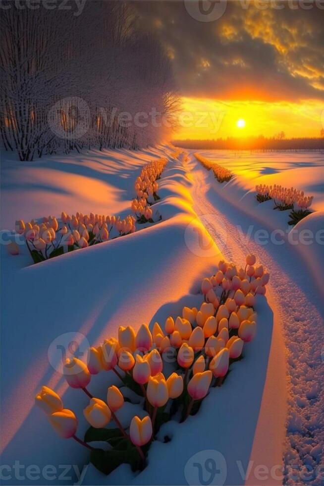 champ de tulipes dans le neige à le coucher du soleil. génératif ai. photo