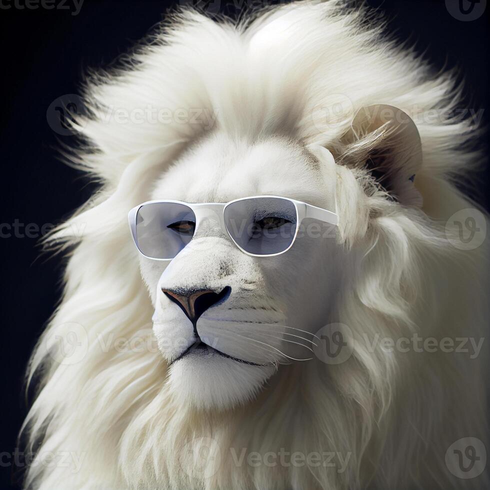 proche en haut de une Lion portant des lunettes de soleil. génératif ai. photo