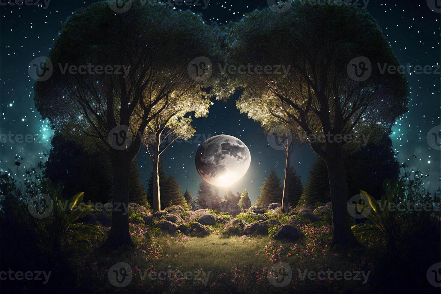 forêt avec grand lever de lune jardin. génératif ai photo