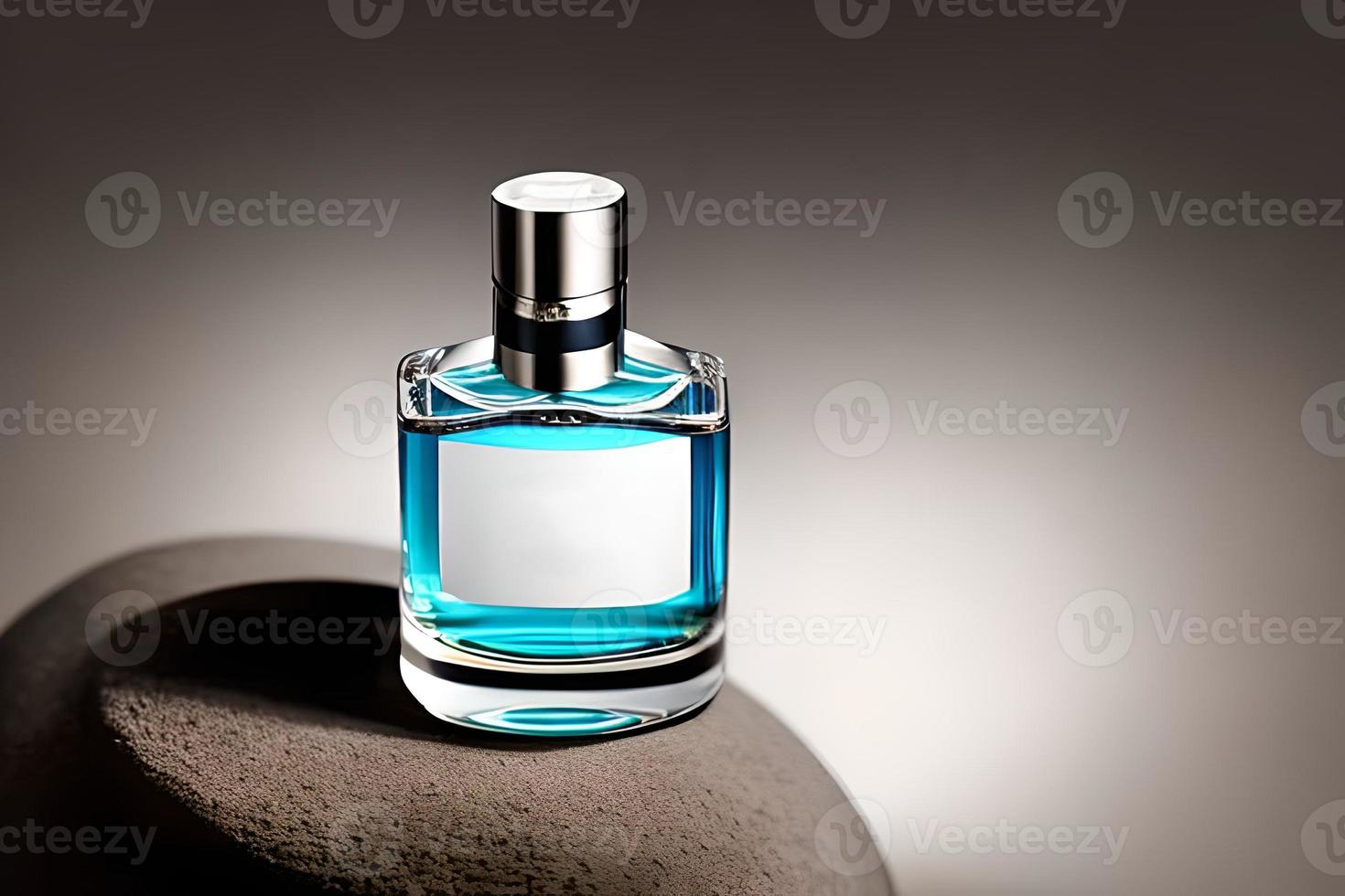 bleu bouteille parfum maquette studio tir, isolé arrière-plan, blanc étiqueter, commercialisation et produit présentation. photo