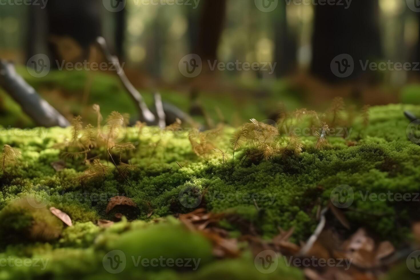 proche en haut vue sur une forêt sol avec une lot de mousse et peu branches établi avec génératif ai technologie. photo