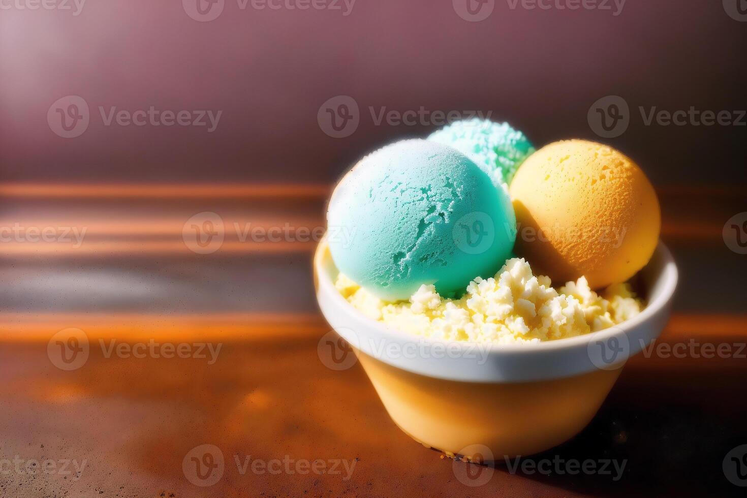 délicieux la glace crème dans une tasse, fermer, sur le tableau. sucré aliments. génératif ai photo