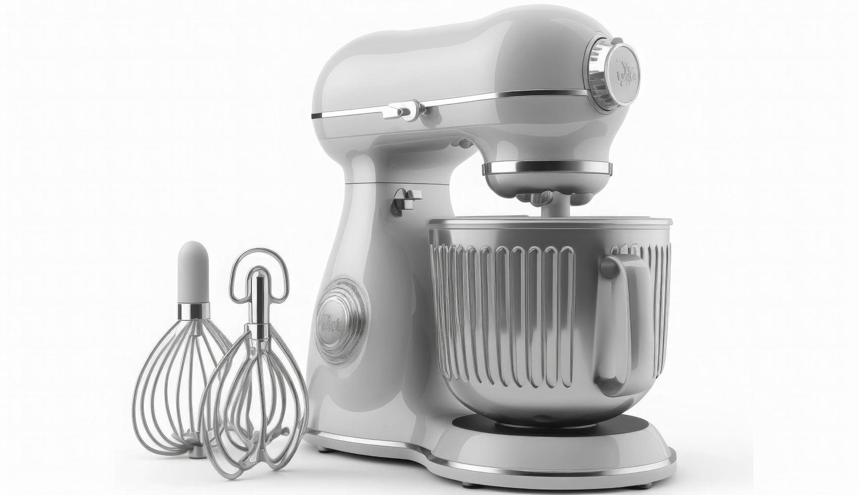 argent nourriture processeur avec fouet sur blanc Contexte isolé, cuisine électrique mixer, moderne cuisine appareil pour cuisson, produire ai photo