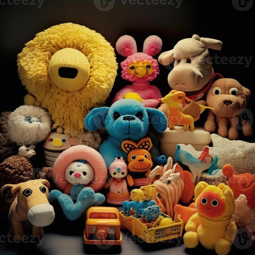 une collection de années 1979 pêcheur prix jouets, doux animaux, kitsch, ancien, rétro, animaux, génératif ai photo