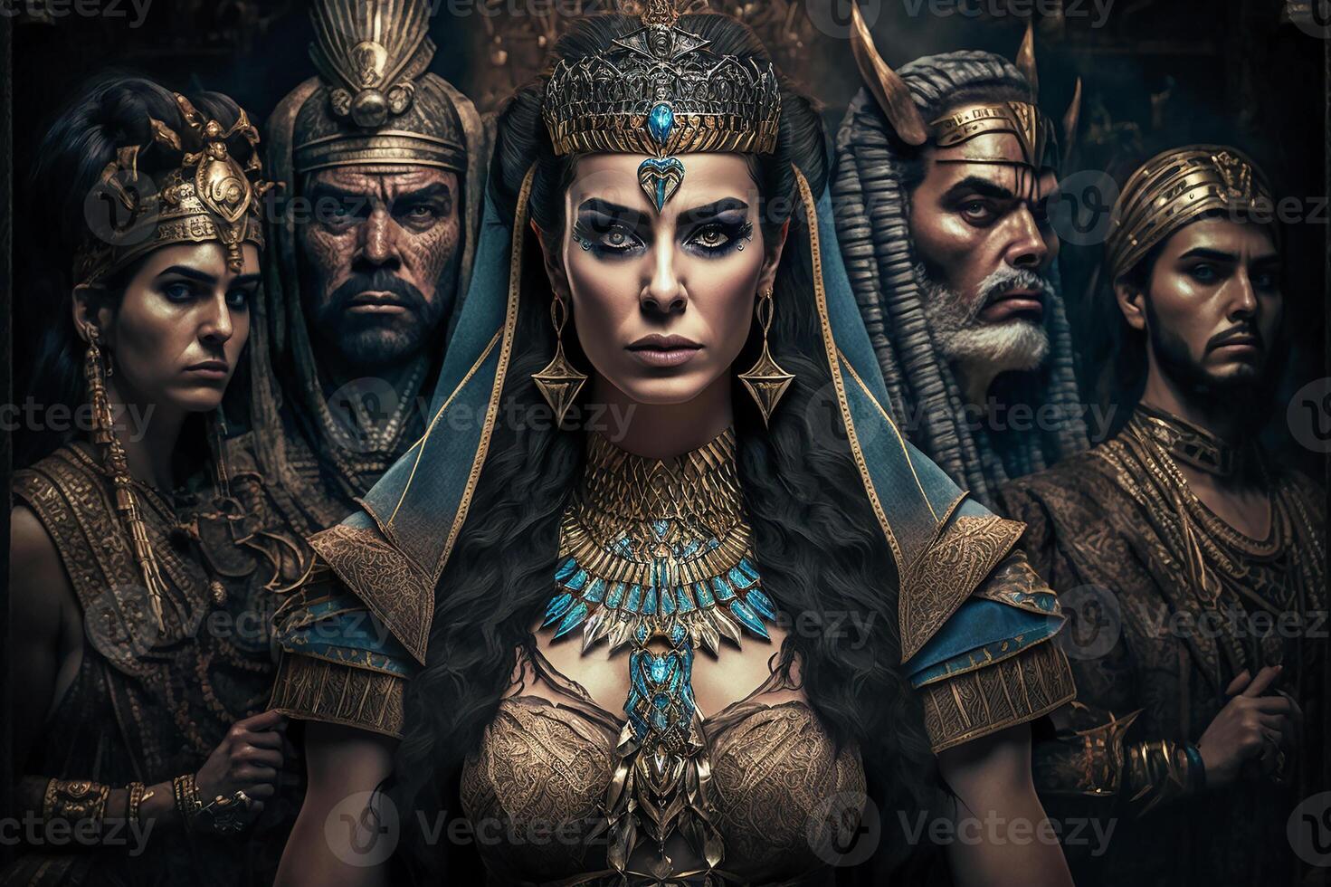 reine Cléopâtre avec le gens de Egypte. une histoire de ancien Egypte. génératif ai photo