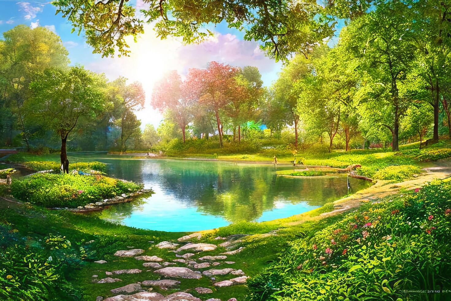 le paysage de parc avec une étang à Matin avec ai généré. photo
