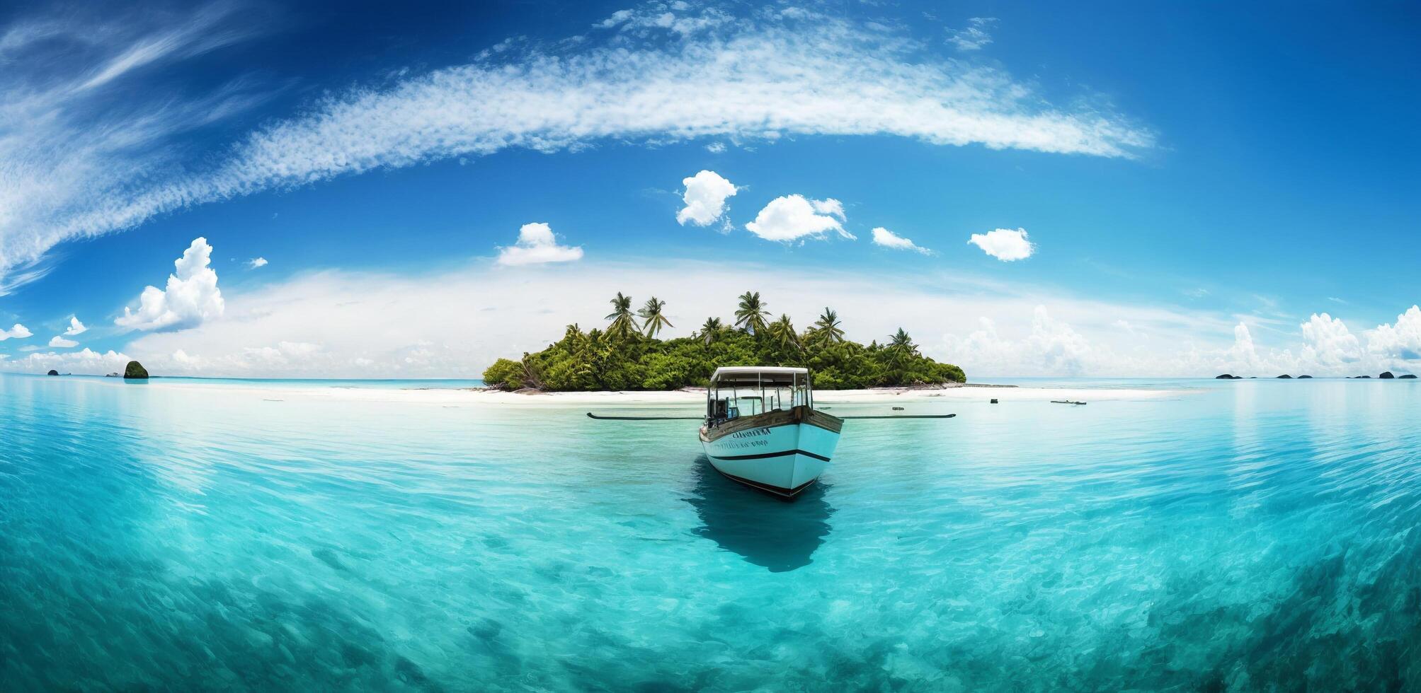 le paysage de tropical mer et île avec une bateau et ai généré. photo