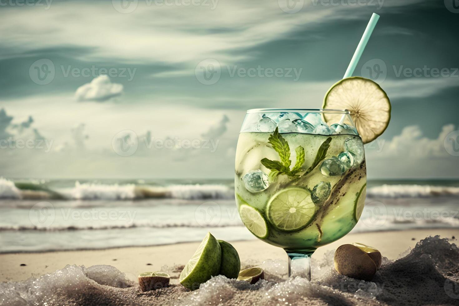 ai généré humide verre de Frais cool du froid mohito cocktail sur le table à plage à été temps. abstrait surréaliste la magie cocktail dans espace ou autre planète comme Mars. en dessous de l'eau océan boisson. photo