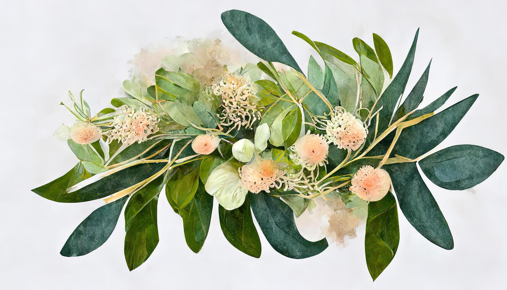 aquarelle eucalyptus fleur arrangement, verdure branches et jasmin fleurs clipart. génératif ai photo