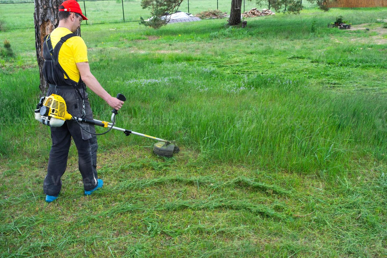 une Masculin jardinier tond le vert herbe de le pelouse dans le arrière-cour avec une de l'essence tondeuse. tondeuse pour le se soucier de une jardin terrain photo