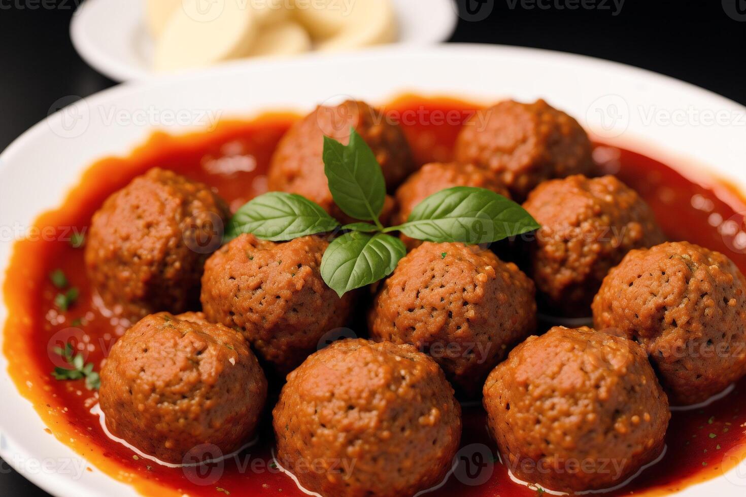 Boulettes de viande avec tomate sauce sur une blanc plaque, fermer. génératif ai photo