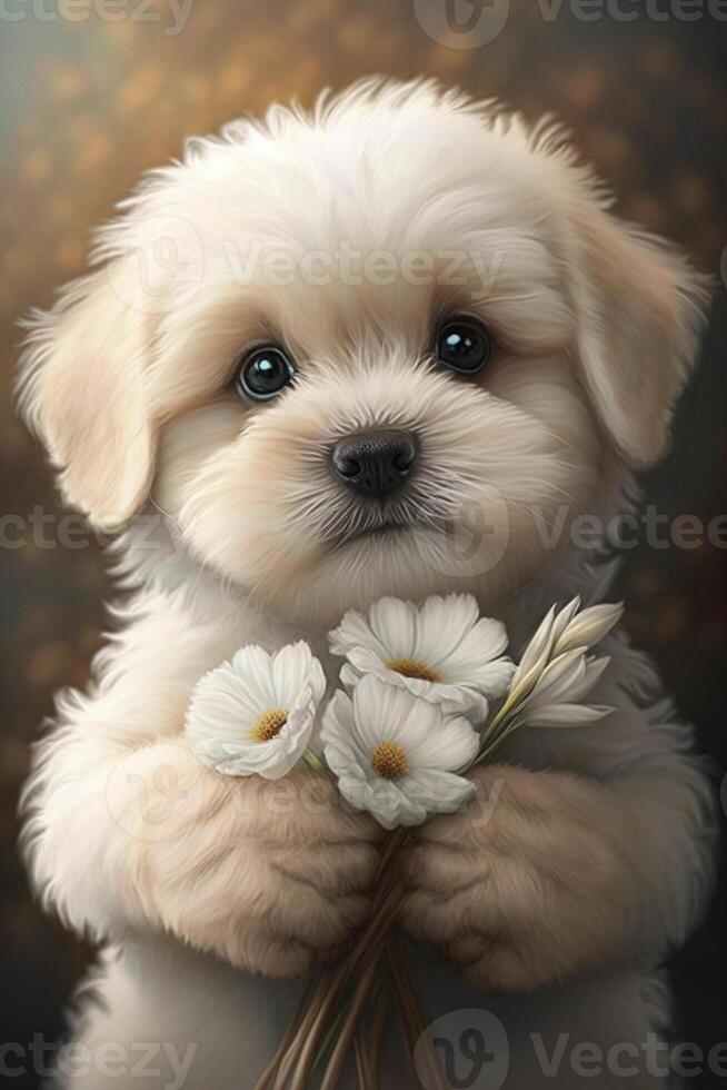 mignonne blanc chiot détient une bouquet de blanc fleurs.ai génératif. photo