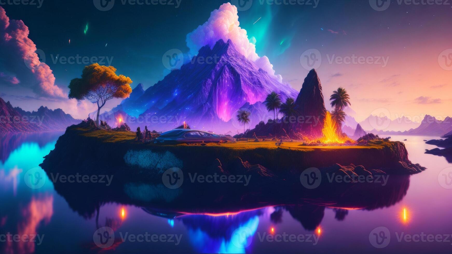 une paysage avec une montagne, une lac, une vert lumière, et le lune au dessus il. ai généré Contexte photo