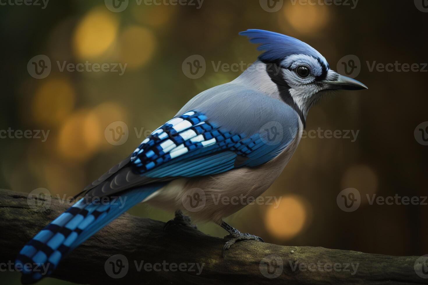 bleu geai perché sur une branche avec une brouiller Contexte dans le forêt environnement et habitat. ai génératif photo