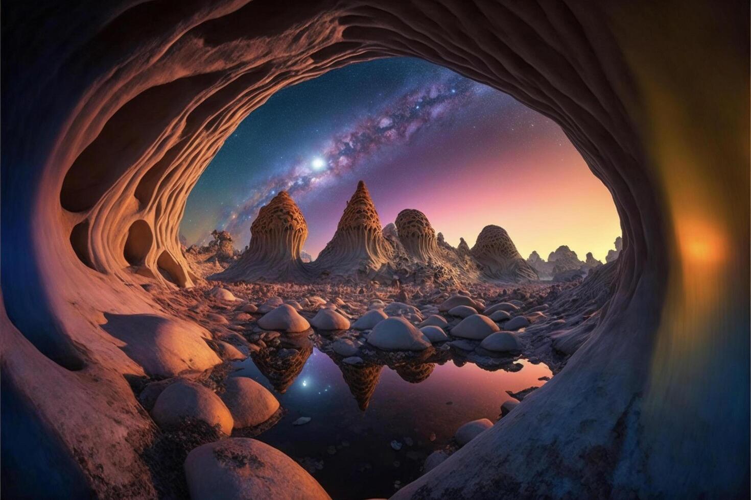 la grotte rempli avec beaucoup de rochers suivant à une corps de l'eau. génératif ai. photo