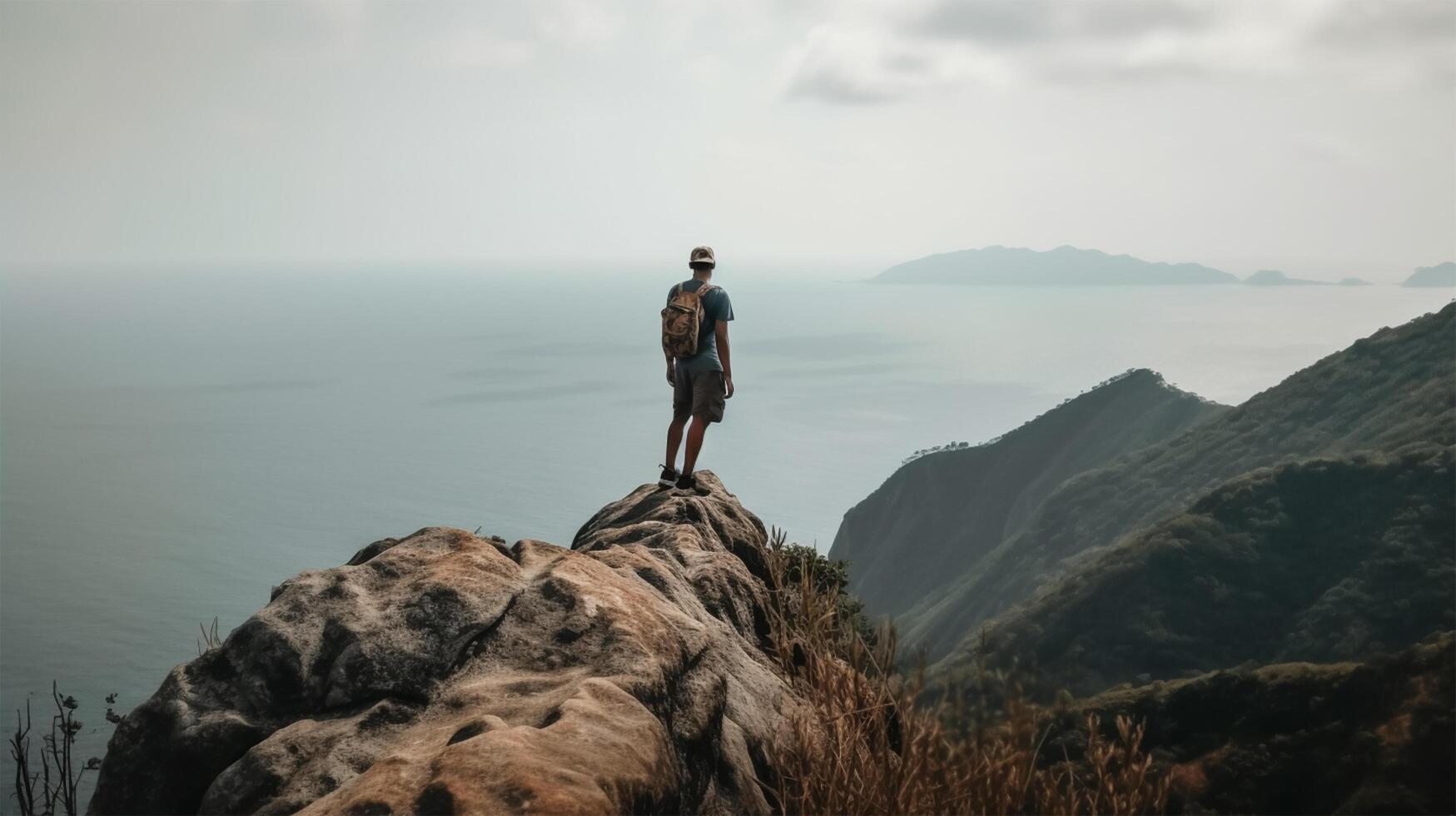 une homme regards en dehors plus de une Montagne et le océan. aventure voyage, été vacances. génératif ai photo