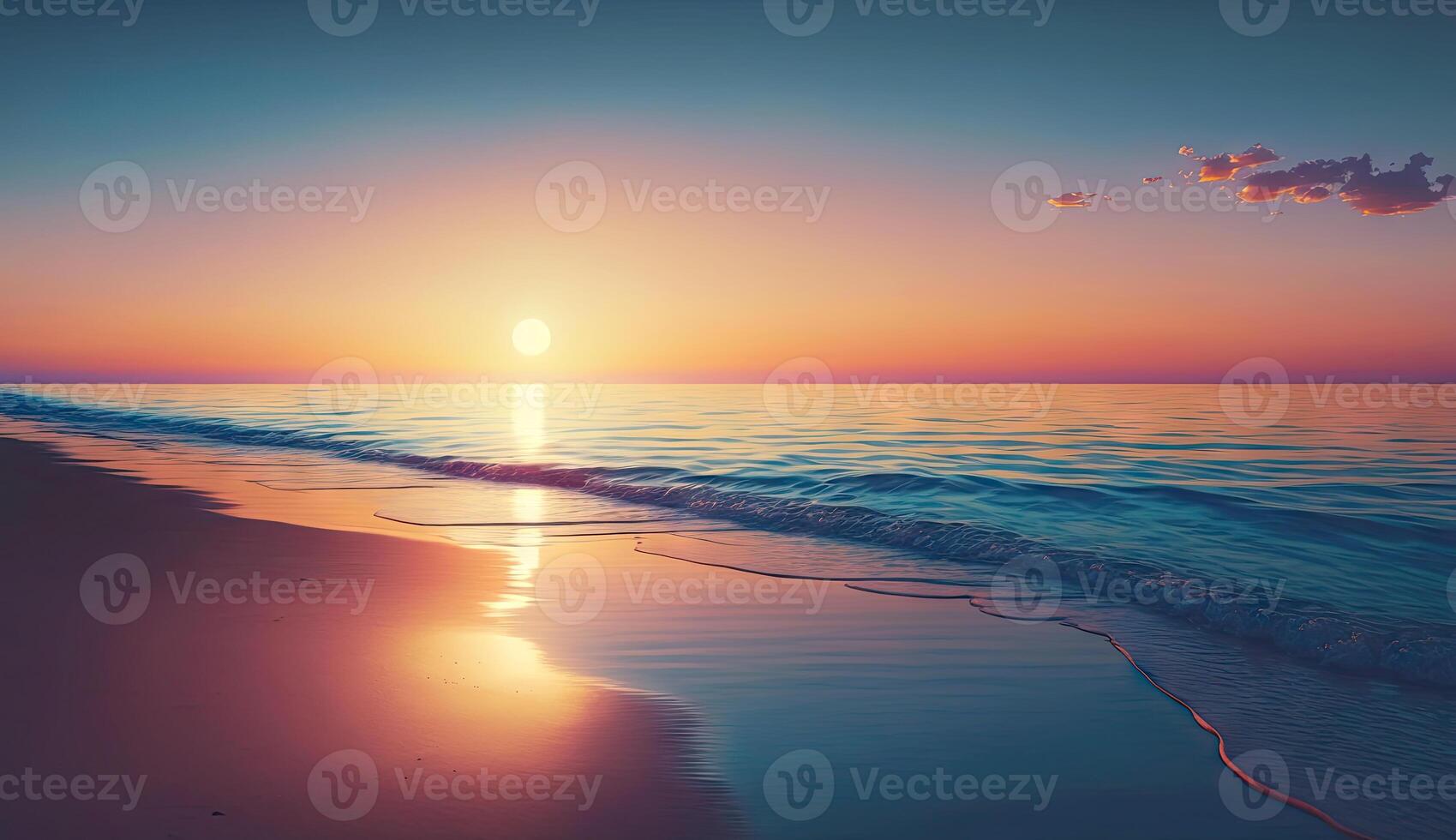 été vacances, tropical plage avec bleu ciel et mer pour relaxation, panoramique plage arrière-plan, été vacances avec magnifique la nature sable, lumière du soleil, océan l'eau avec génératif ai. photo