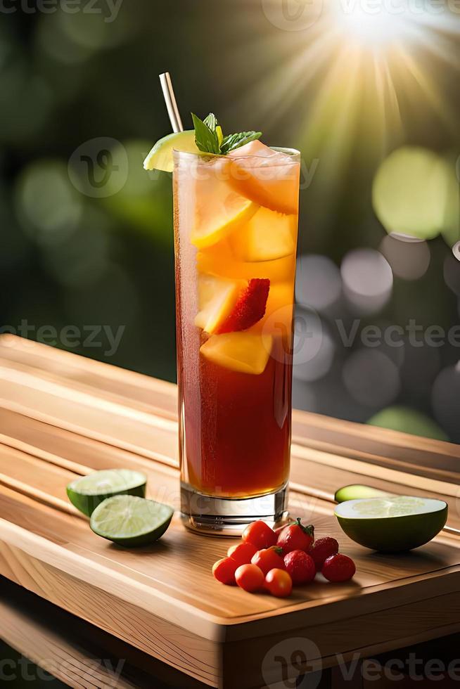 rafraîchissant fruité été boisson sur table avec citron et menthe photo