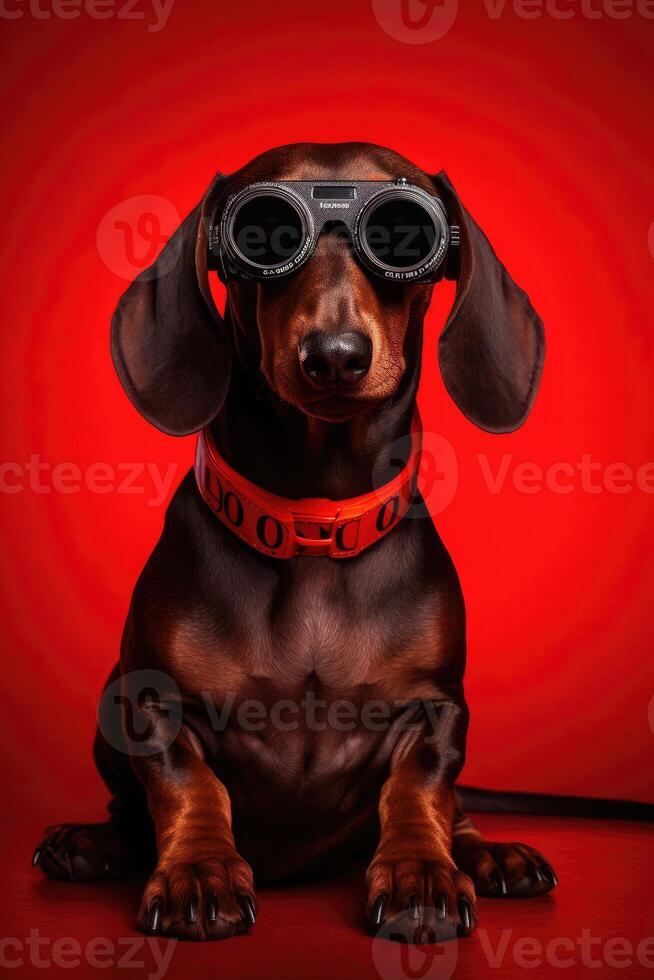 portrait de une mignonne bronzer, aux cheveux lisses teckel chien avec tech-rétro des lunettes de soleil et une rouge collier sur rouge studio Contexte. génératif ai art. photo