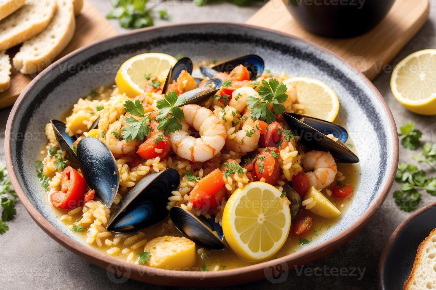 le Portugal cuisine. frit citrouille avec poisson filets. Fruit de mer Paëlla avec crevettes, moules et tomates. génératif ai photo