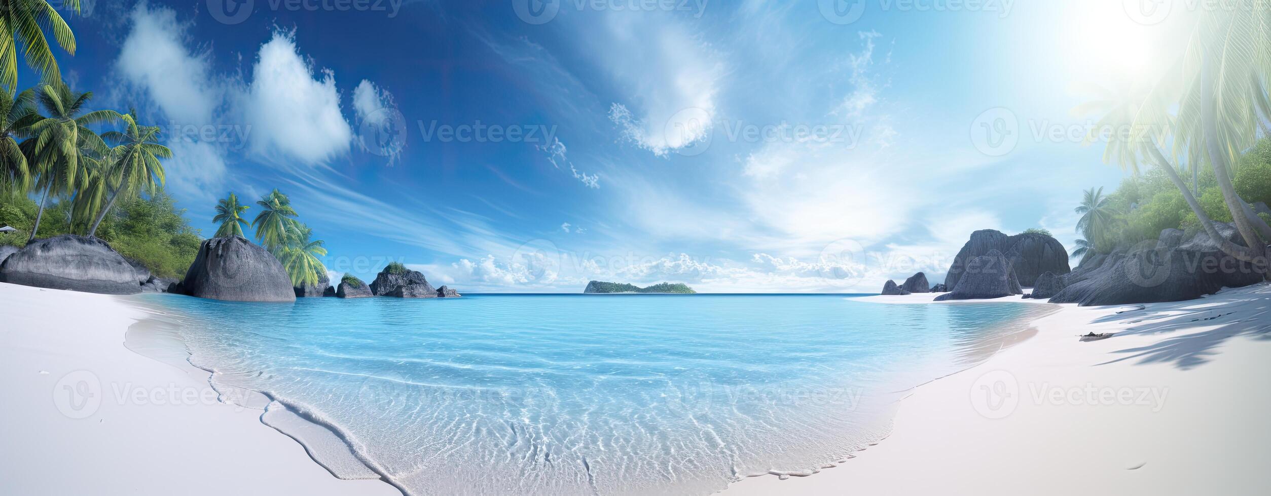 tropical paradis plage avec blanc le sable et coco paumes Voyage tourisme large panorama Contexte concept. génératif ai. photo