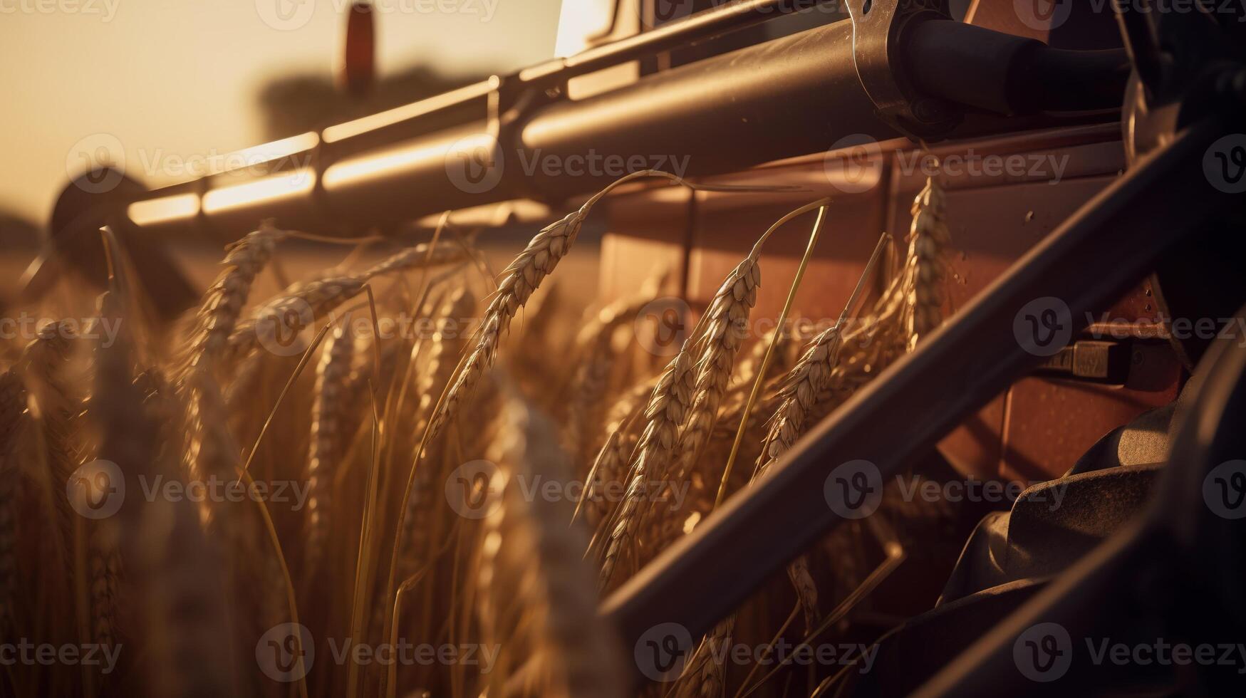 génératif ai, fermer moderne combiner moissonneuse sur une blé champ, ferme paysage, agricole magnifique campagne. la nature illustration, photoréaliste horizontal bannière. photo