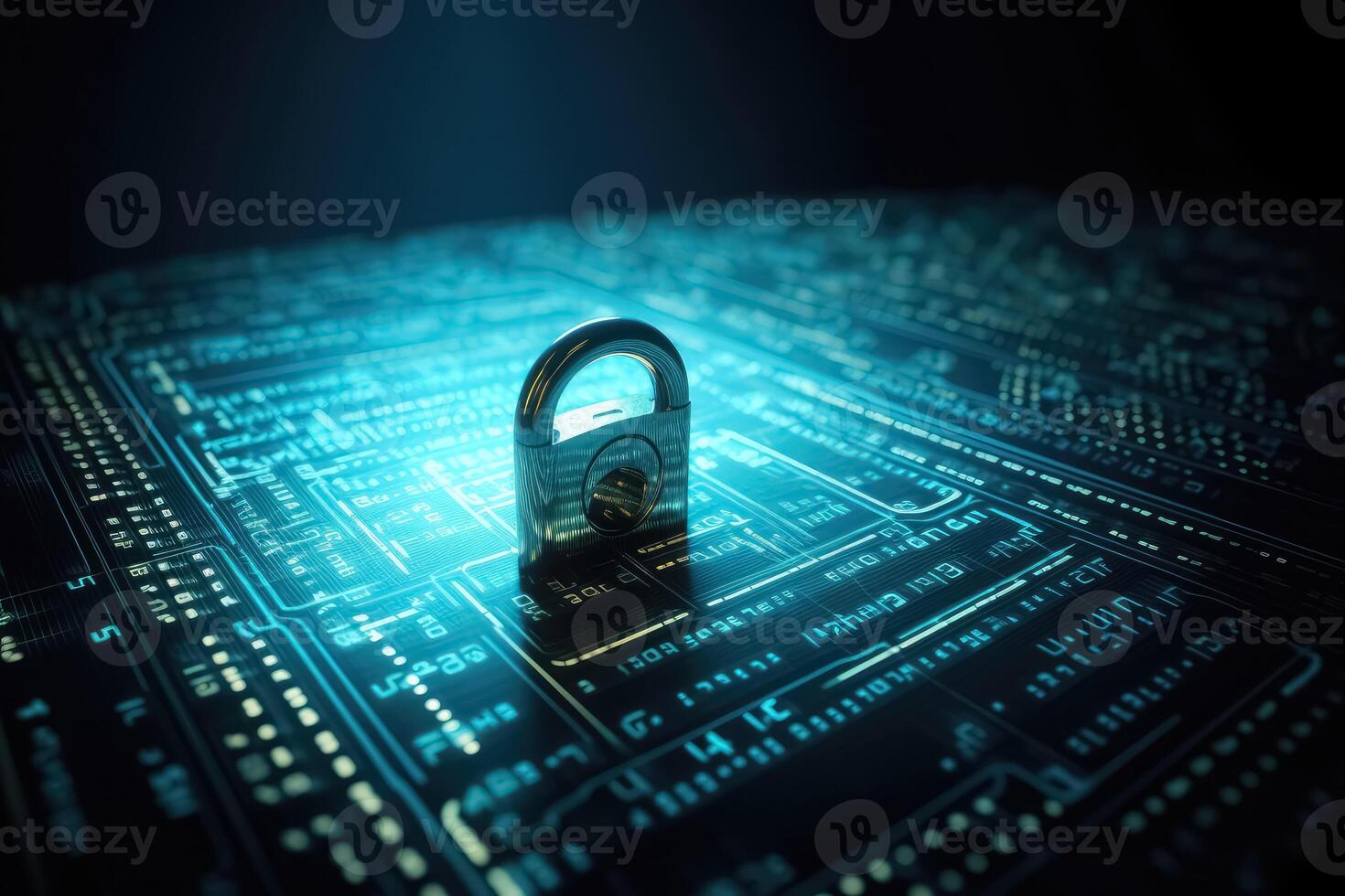 une fermer à clé sur une cyber Sécurité Contexte empêche le piratage dans le réseau établi avec génératif ai technologie. photo
